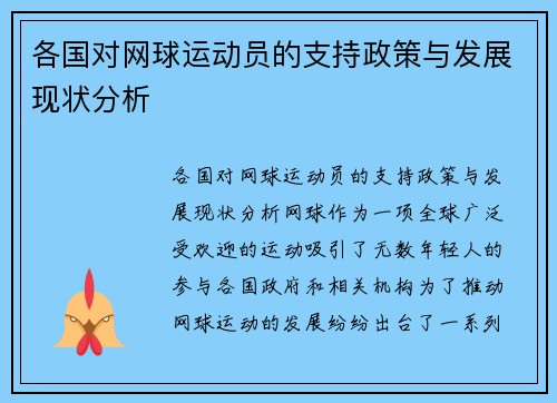 各国对网球运动员的支持政策与发展现状分析